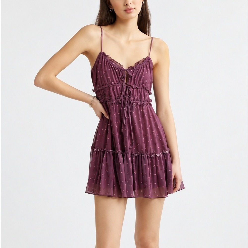 BP. Women's Ruffle Tie Front Tiered Mini Sundress Burgundy Polka Dot XS Coquette